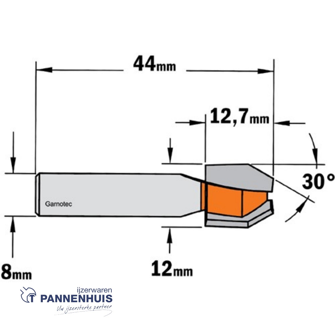 CMT Uitloopfrees met gecombineerde snijkoppen HW D=12 x 12.7mm 30° L=44,5 S=8 Z2 - Afbeelding 2