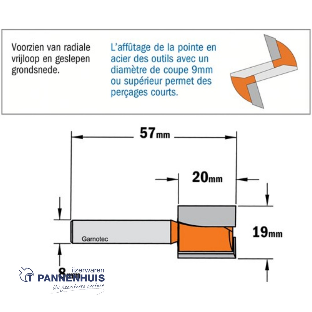 CMT Groeffrees met rechte snijkoppen HW D=19 x 20mm L=57,2 S=8 Z2 - Afbeelding 2