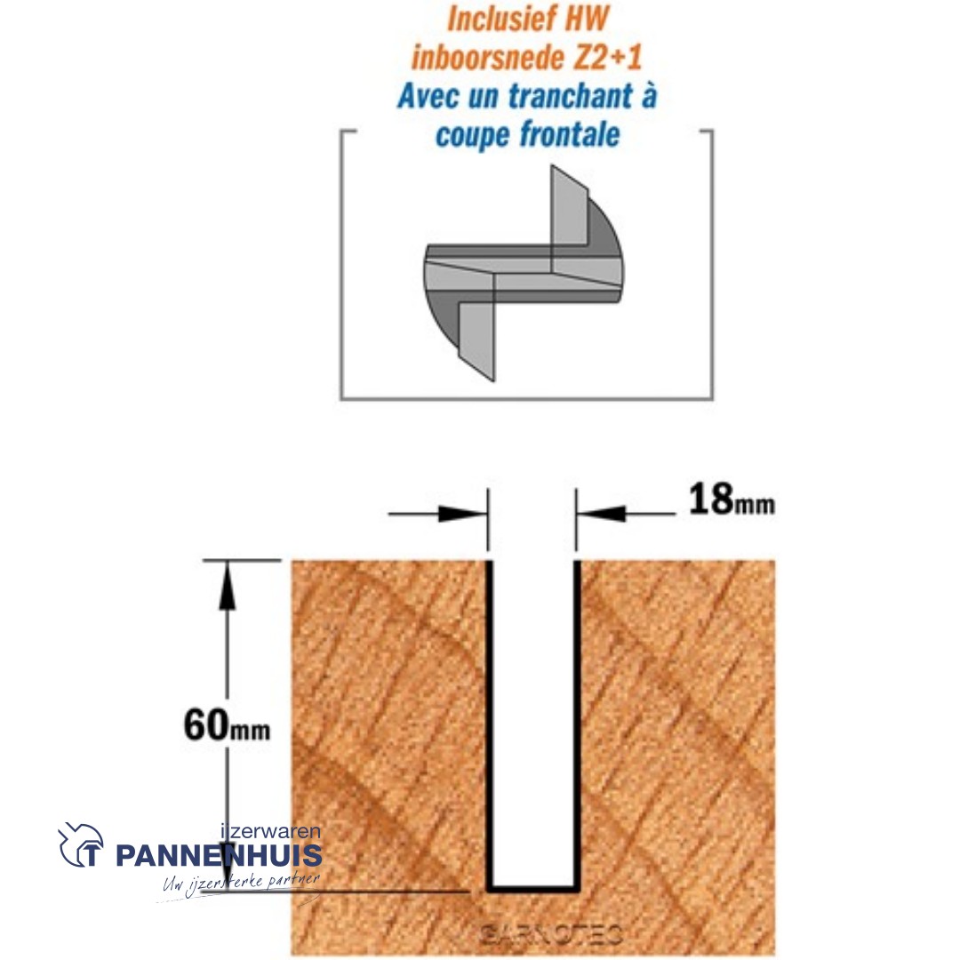 Rechte groeffrees, D=18, I=60, L=110, Z=Z2+1, S=Ø12, Kwaliteit=HW - Afbeelding 3