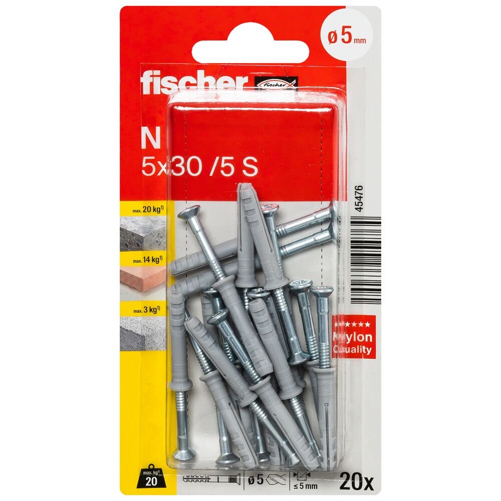 fischer Nagelplug N 5 x 30/5 S met verzonken kop (blister) - Afbeelding 2