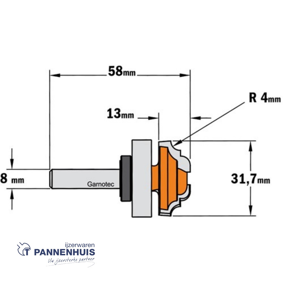 CMT Profielfrees met kogellager, HW D=31,7 x 13mm R=4 L=58 S=8 Z2 - Afbeelding 2