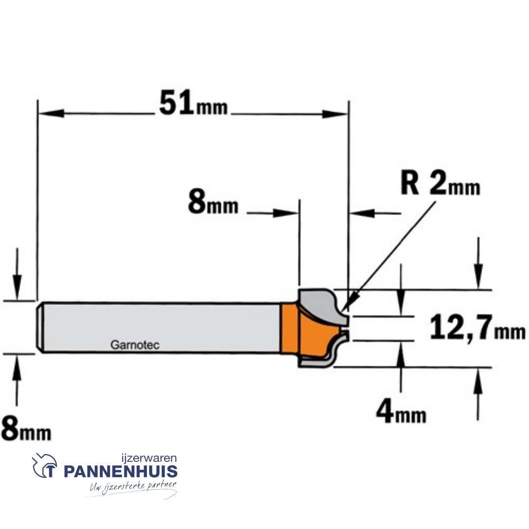 CMT Klassieke profielfrees, HW D=12,7 x 8mm R=2 L=51 S=8 Z2 - Afbeelding 2