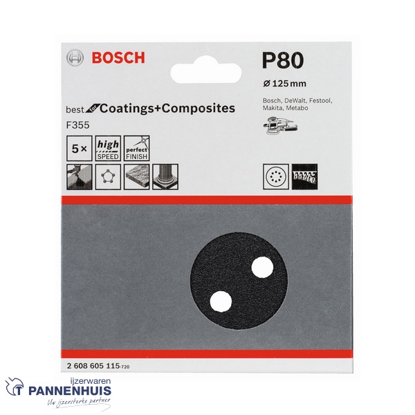 Bosch Schuurblad 5x 125 K 80 BFS 8-gaten F355 - Afbeelding 2
