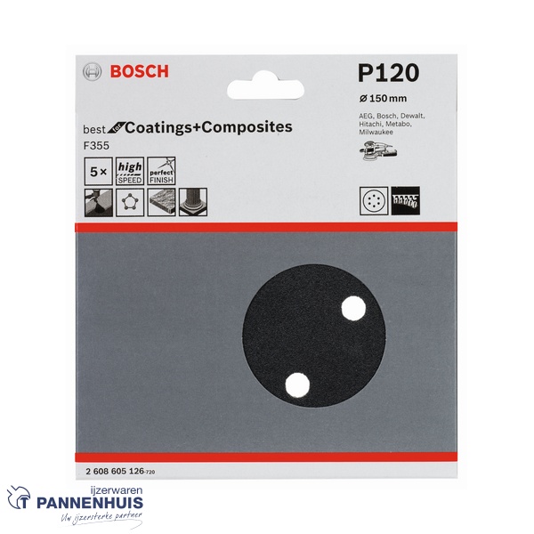 Bosch Schuurvel F355 150 mm, korrel 120, 8 gaten, 5x - Afbeelding 2