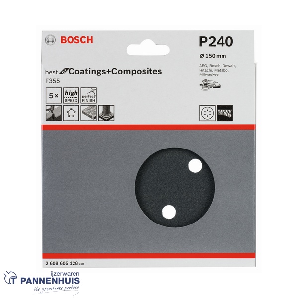 Bosch Schuurvel F355 150 mm, korrel 240, 8 gaten, 5x - Afbeelding 2