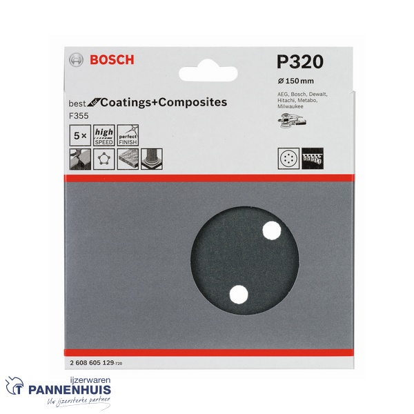 Bosch Schuurvel F355 150 mm, korrel 320, 8 gaten, 5x - Afbeelding 2