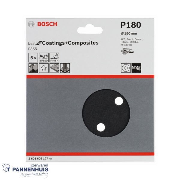 Bosch Schuurvel F355 150 mm, korrel 180, 8 gaten, 5x - Afbeelding 2
