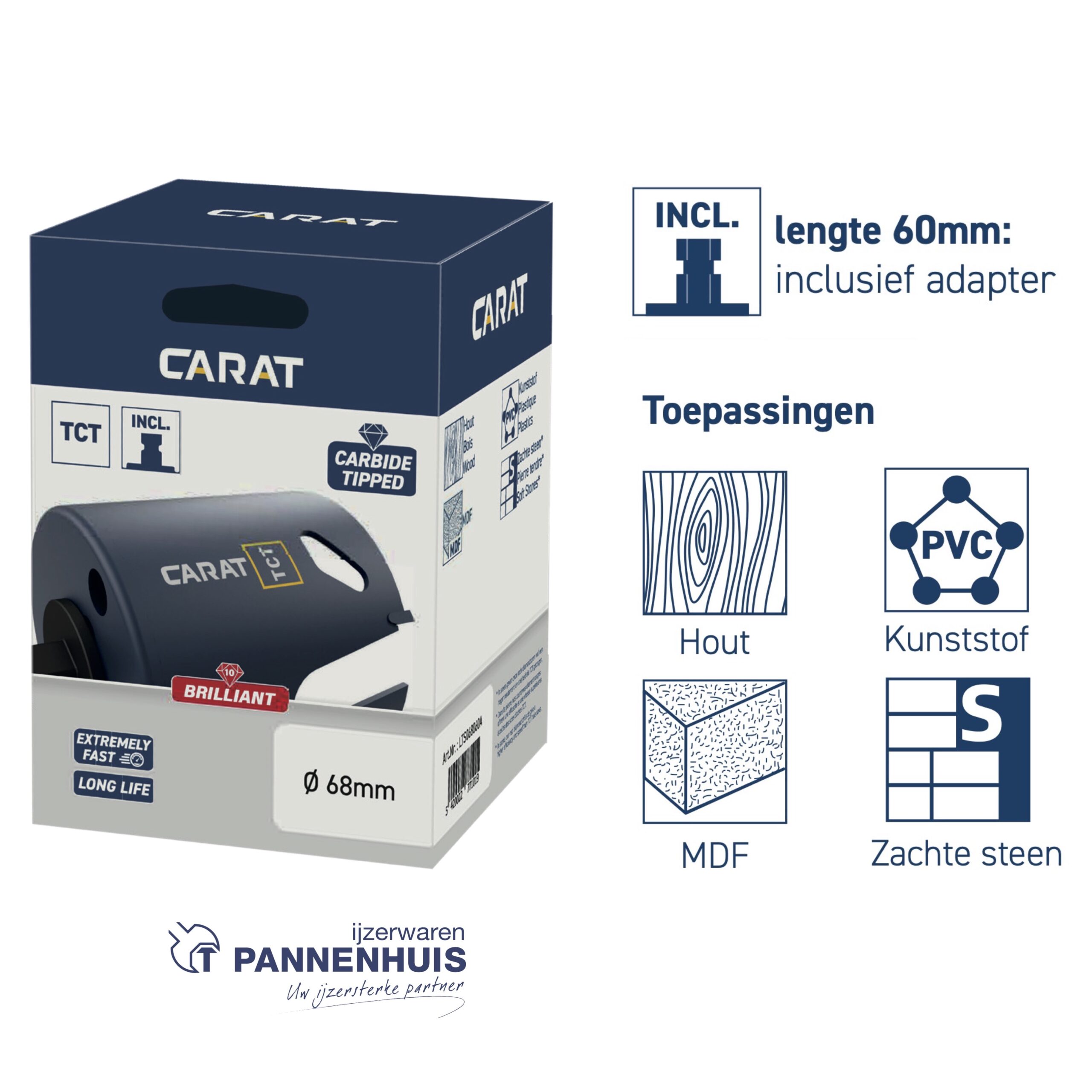Carat Briljant TCT gatzaag 032mm l.60 + adapter - Afbeelding 2