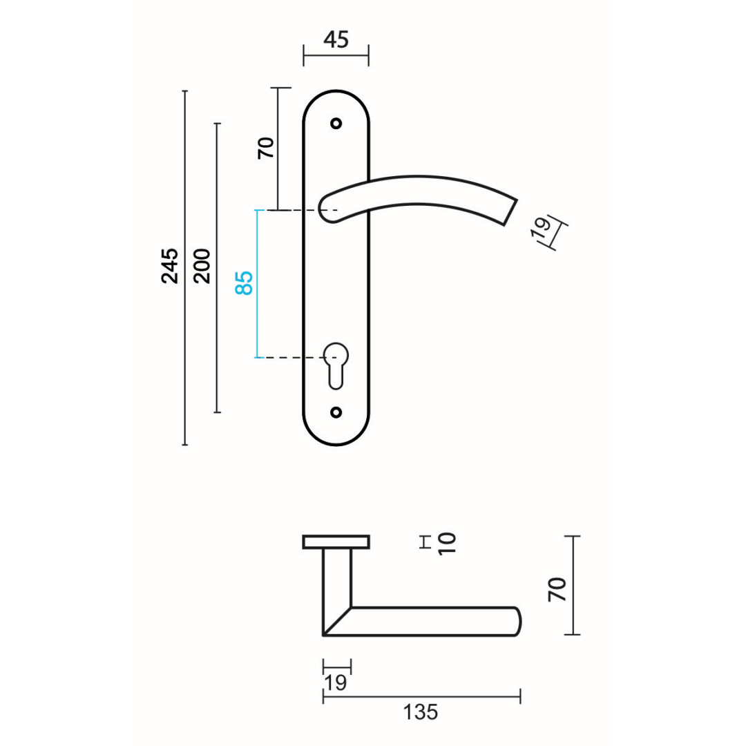 Deurkruk Pro GI SHAPE 19MM INOX PLUS PLAAT+CYL 85MM - Afbeelding 2