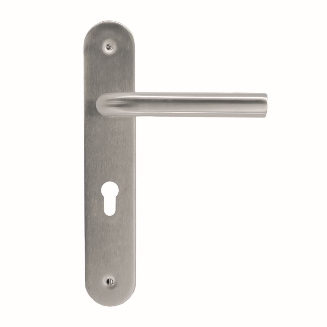Deurkruk Pro L SHAPE 19MM INOX PLUS PLAAT+CYL 72MM