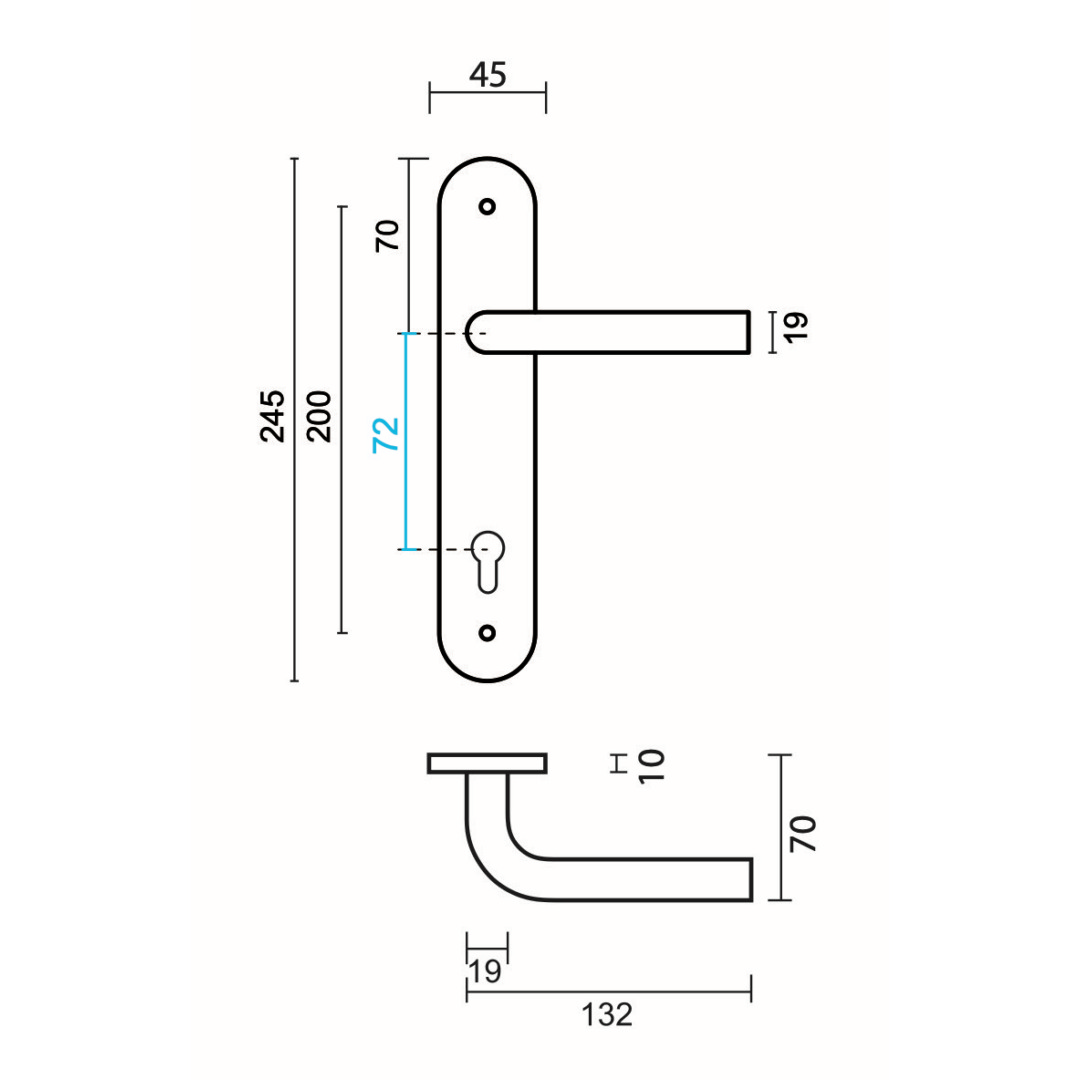 Deurkruk Pro L SHAPE 19MM INOX PLUS PLAAT+CYL 72MM - Afbeelding 2