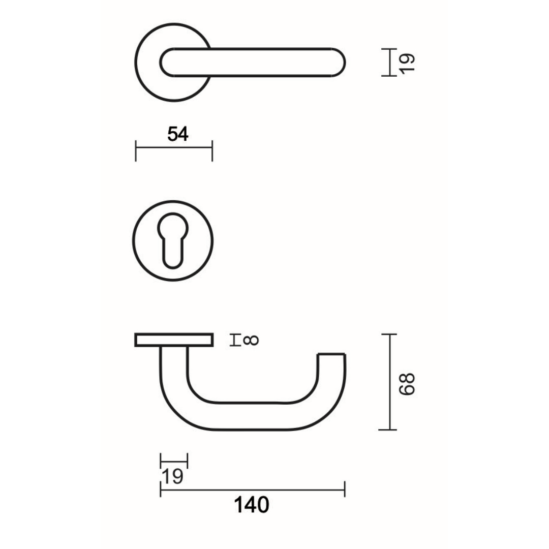 Deurkruk Pro ZERO U SHAPE 19MM INOX R+E CYL - Afbeelding 2