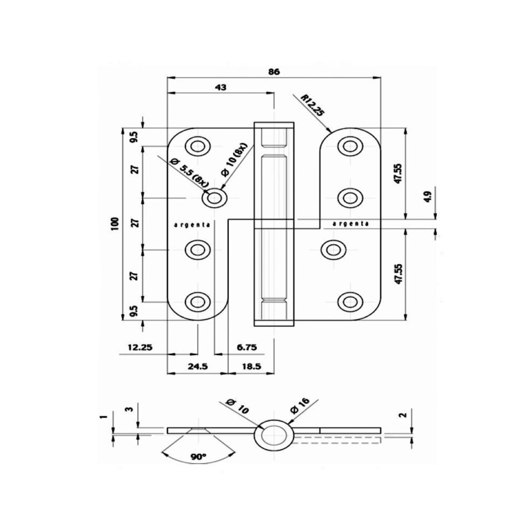 inox paumel 100 x 86 x 16 rechts afgerond ARGENTA - Afbeelding 2
