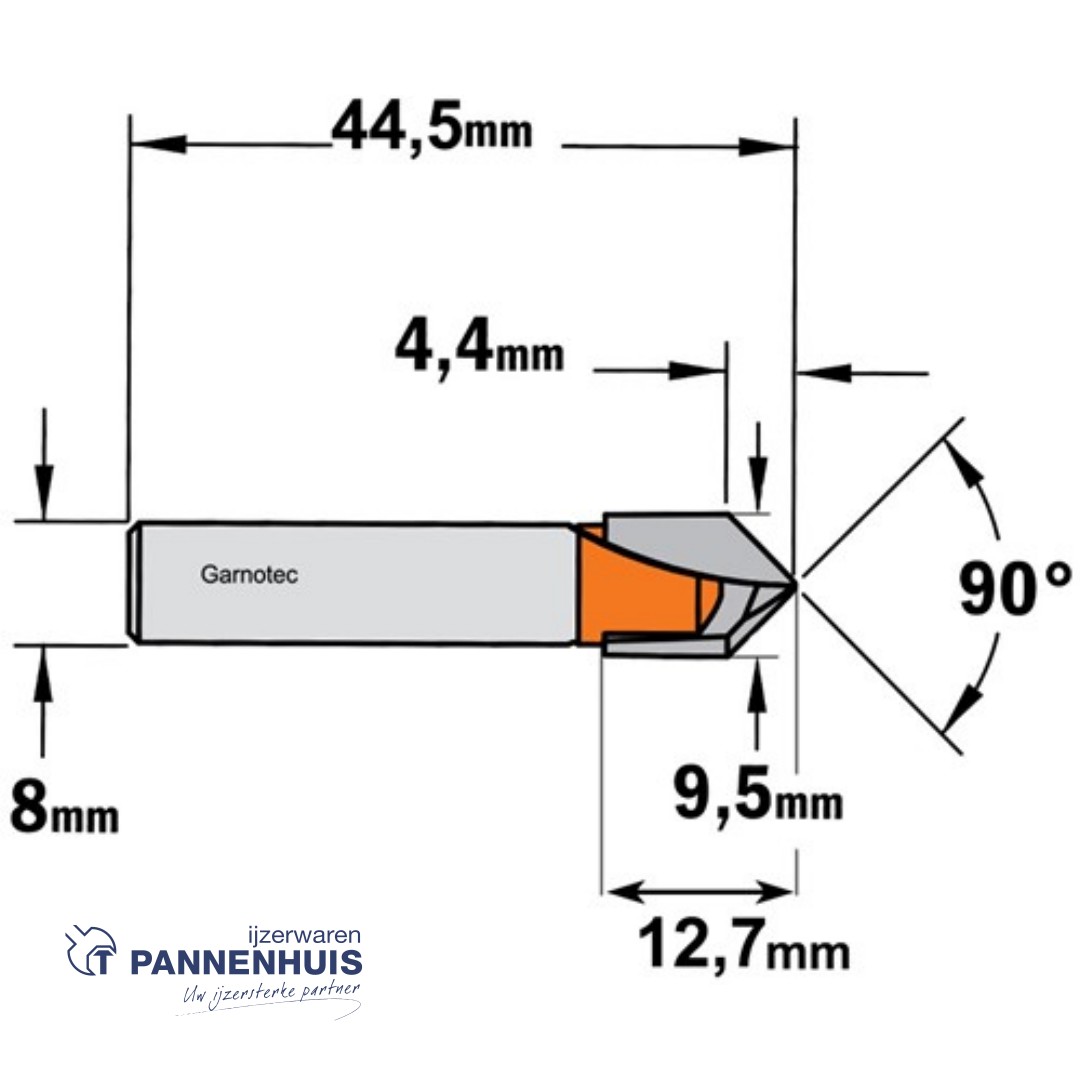 CMT V-groef frees 90° HW D=9,5 x 12.7mm 90° L=44,5 S=8 Z2 - Afbeelding 2