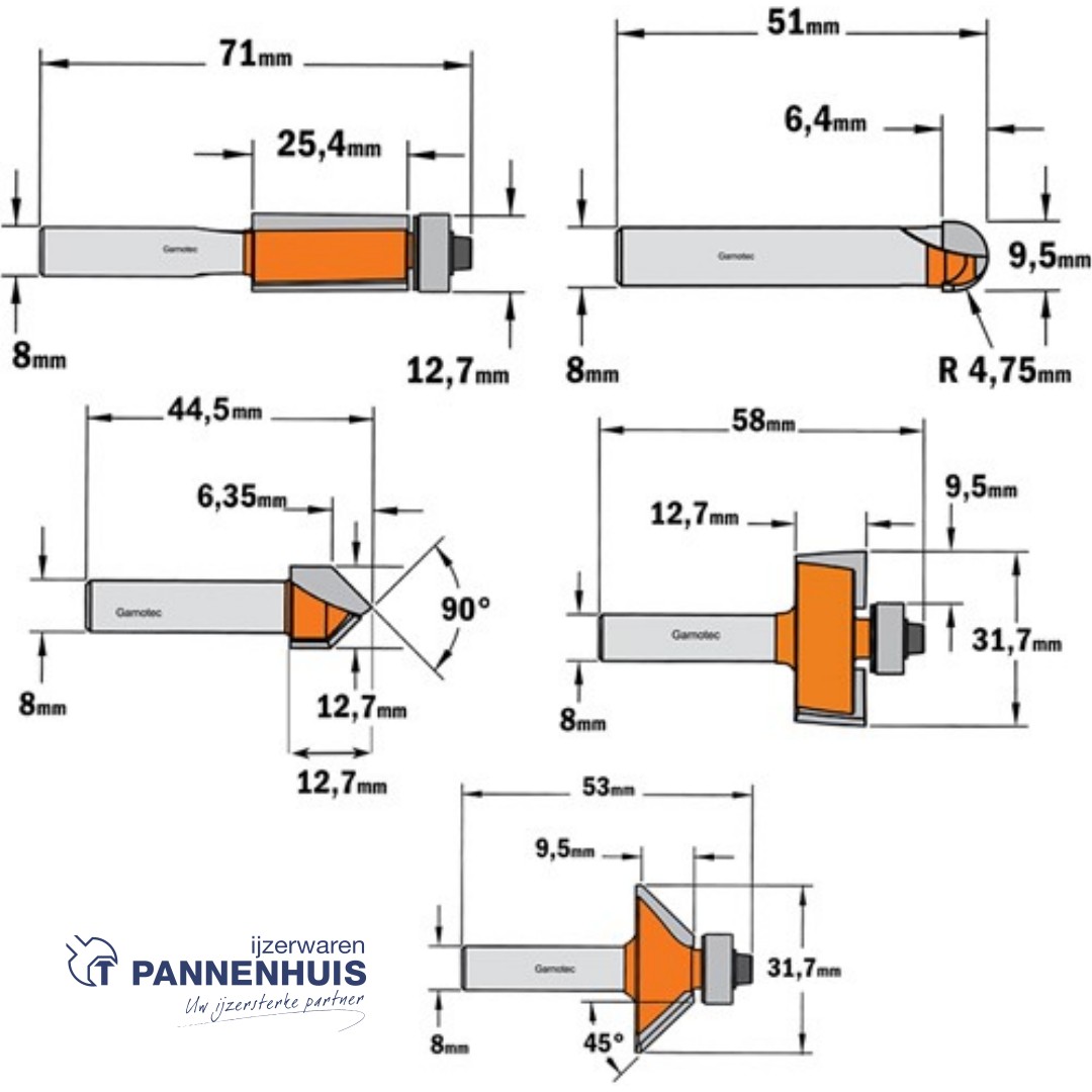 CMT 5-delige frezenset in pvc kistje HW S=8mm 5 profielfrezen - Afbeelding 2