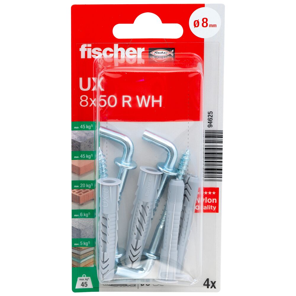 fischer Universeelplug UX 8 x 50 R WH met rand en winkelhaak (blister) - Afbeelding 2