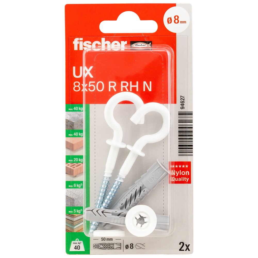 fischer Universeelplug UX 8 x 50 R RH met rand en ronde haak (blister) - Afbeelding 2