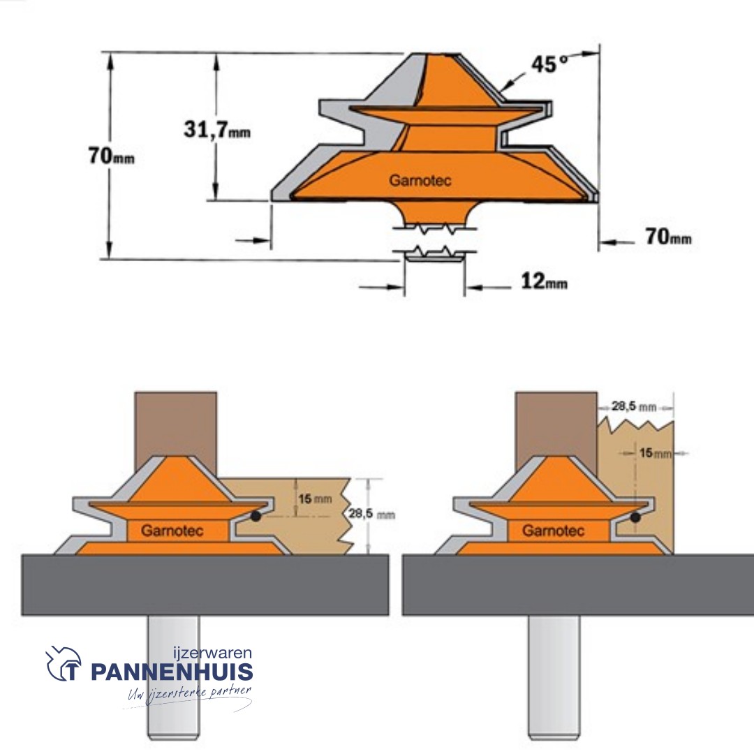 CMT Verstekfrees met rechte hoeken, HW D=70 x 31,7mm 45° L=70 S=12 Z2 - Afbeelding 2