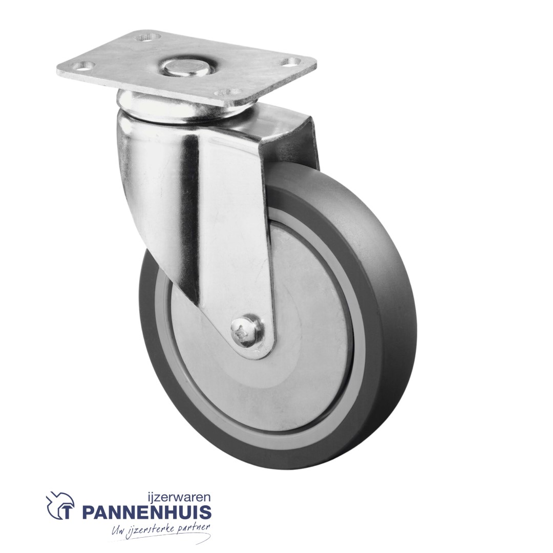 Zwenkwiel Ø 125mm 100kg op plaat rubber grijs