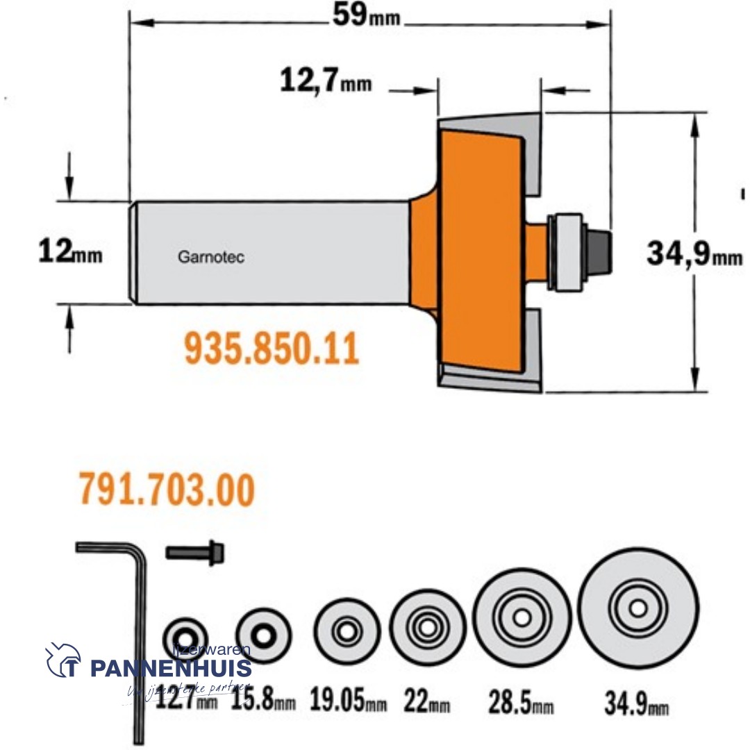 CMT Set met rabatfrees + 6 kogellagers, HW D=34,9 x 12.7mm L=59 S=12 Z2 - Afbeelding 2