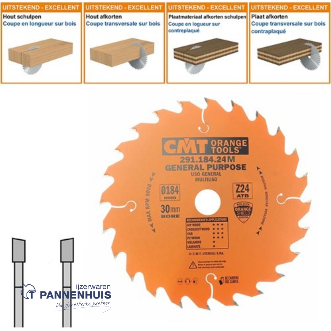 CMT Universele cirkelzaag HW 184x30x2,6 Z24 Massieve houtsoorten, Multiplex