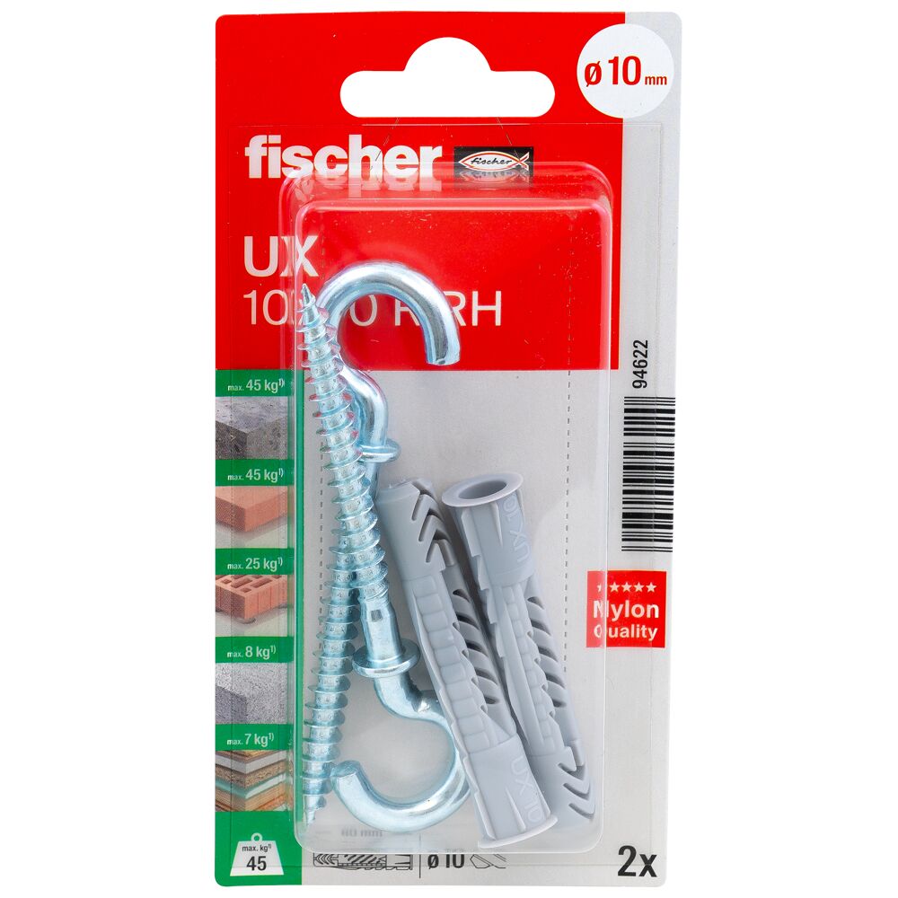 fischer Universeelplug UX 10 x 60 R RH met rand en ronde haak (blister) - Afbeelding 2