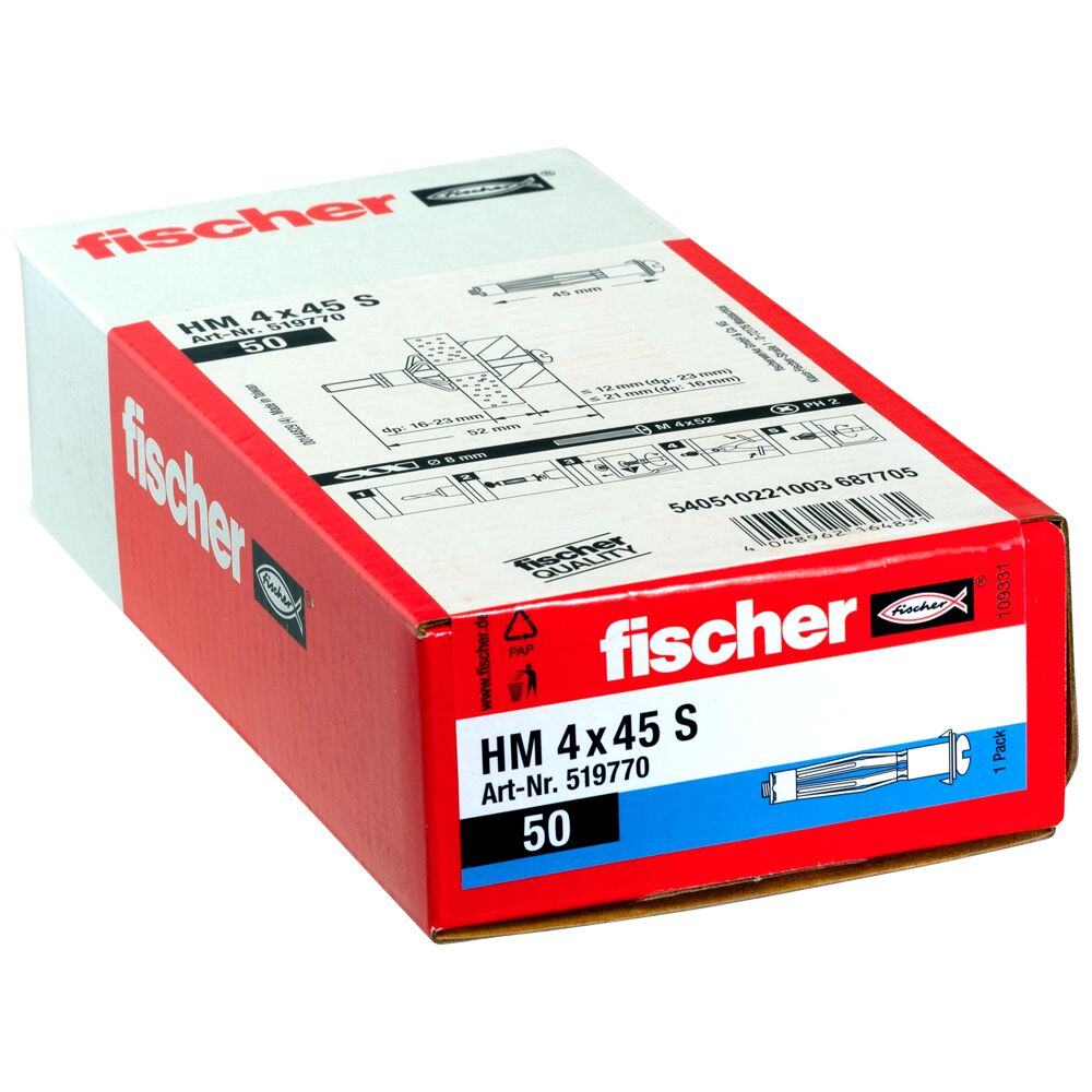 fischer Hollewandplug HM 4 x 45 S met schroef (50st) - Afbeelding 2