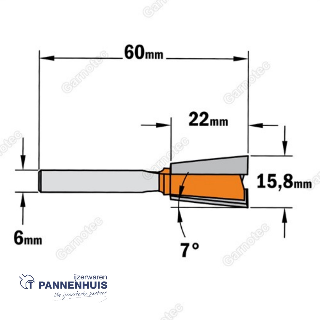 CMT Zwaluwstaartfrees HWM D=16 x 22mm 7° L=60 S=6 Z2 - Afbeelding 2