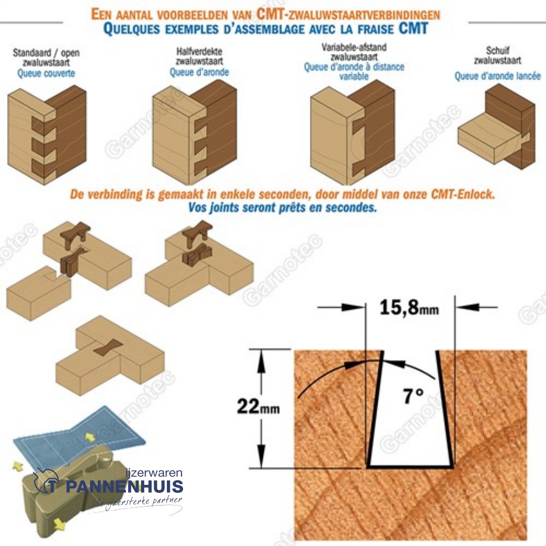 CMT Zwaluwstaartfrees HWM D=16 x 22mm 7° L=60 S=6 Z2 - Afbeelding 3
