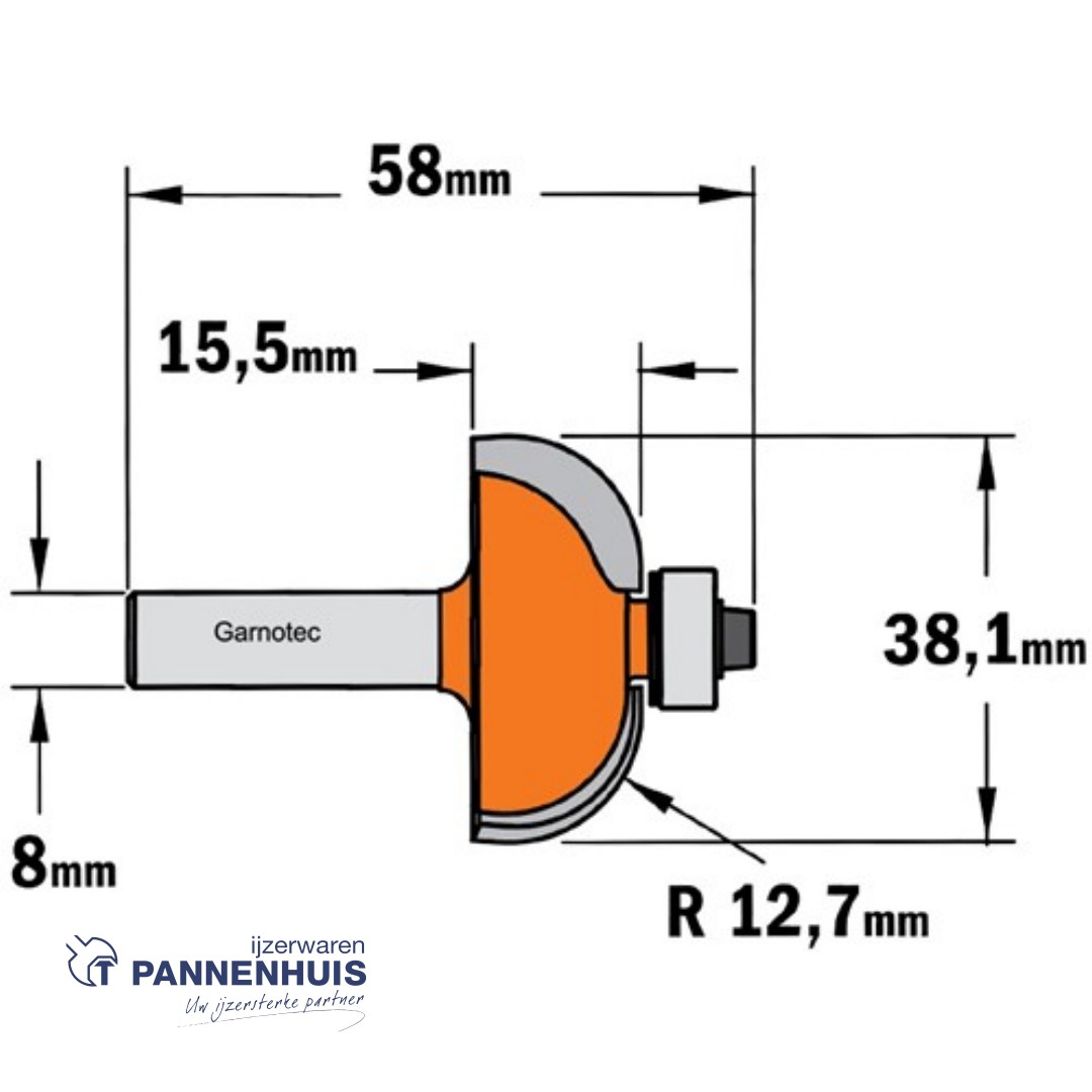CMT Bolle radiusfrees met kogellager HW D=38,1 x 15.5mm R=12,7 L=58 S=8 Z2 - Afbeelding 2