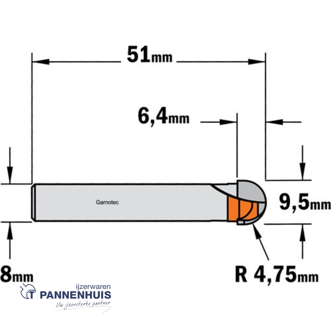 CMT Bolle radiusfrees HW D=9,5 x 6.4mm R=4,75 L=50,8 S=8 Z2 - Afbeelding 2
