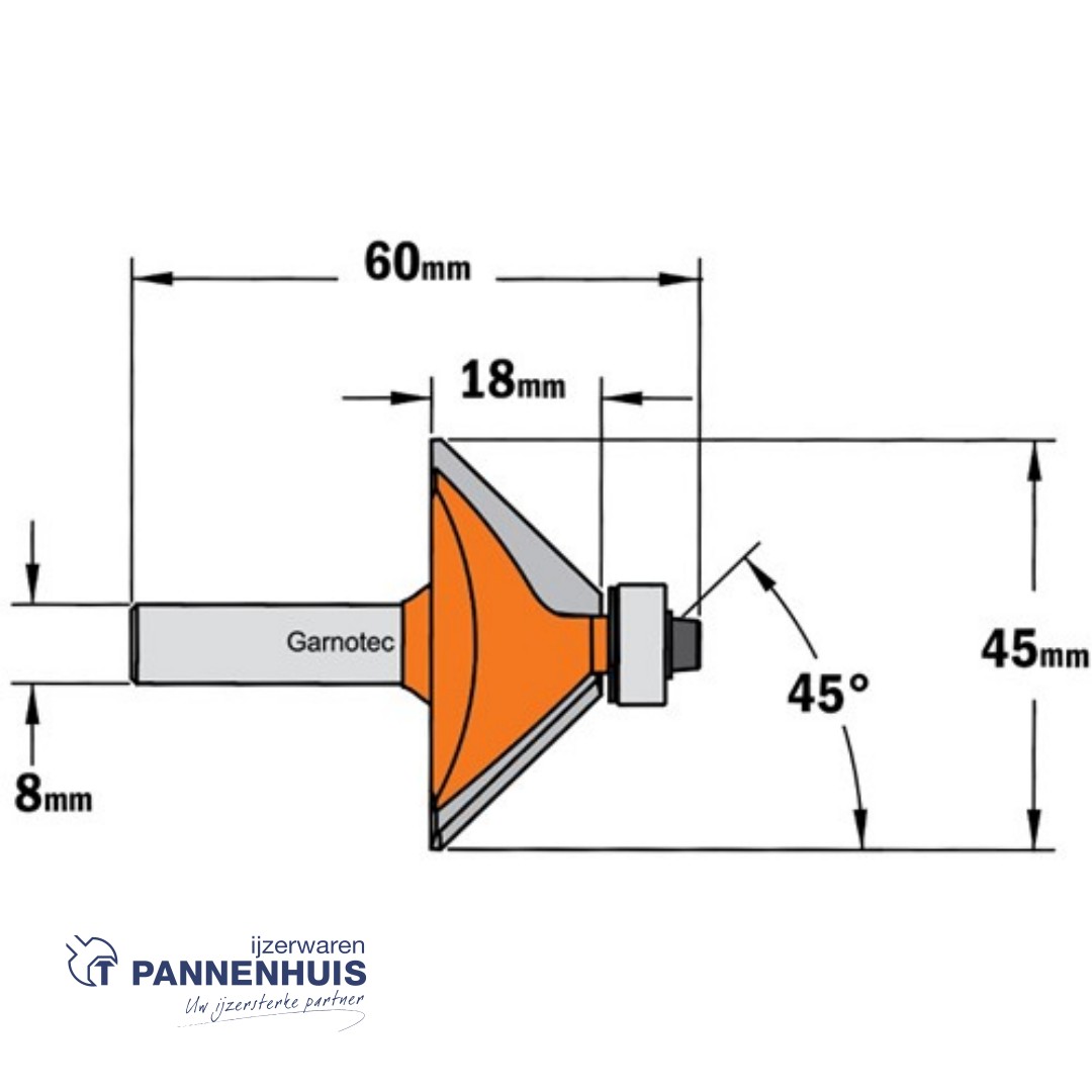 CMT Afkantfrees met kogellager HW D=45 x 18mm 45° L=60 S=8 Z2 - Afbeelding 2