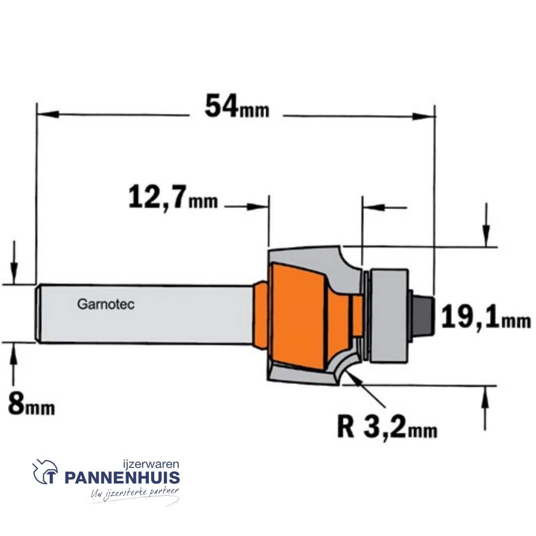 CMT Holle radiusfrees zonder opstaande kant, HW D=19,1 x 12.7mm R=3,2 L=54 S=8 Z2 - Afbeelding 2