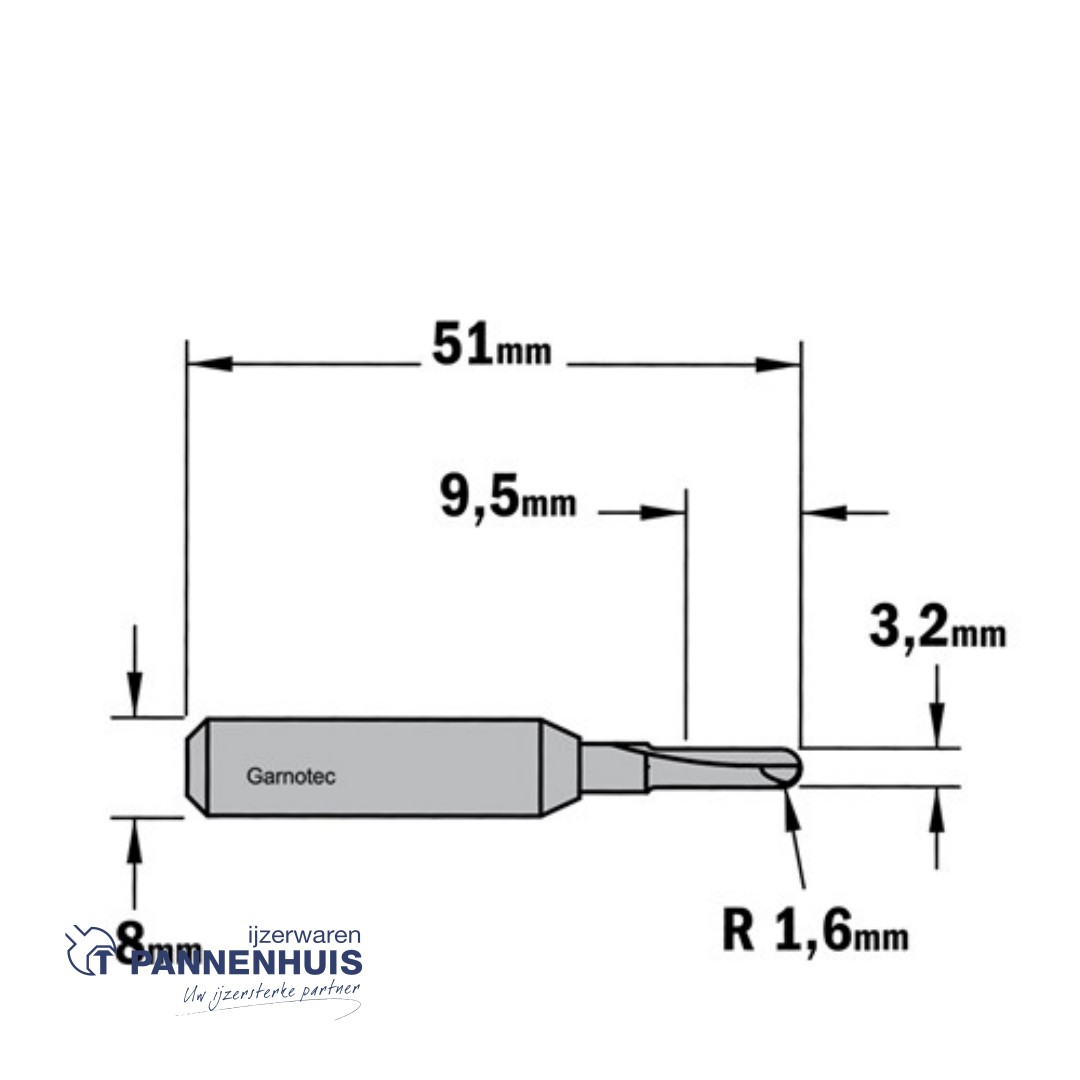 CMT Bolle radiusfrees HWM D=3,2 x 9.5mm R=1,6 L=50,8 S=8 Z2 - Afbeelding 2