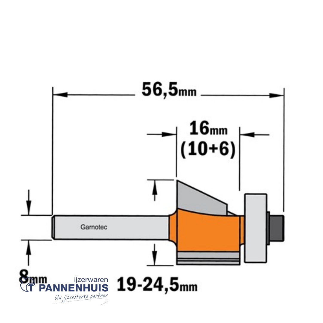 CMT Uitloopfrees met kogellager, HW D=19 - 24,5 x 16mm 25° L=56,5 S=8 Z2 - Afbeelding 2