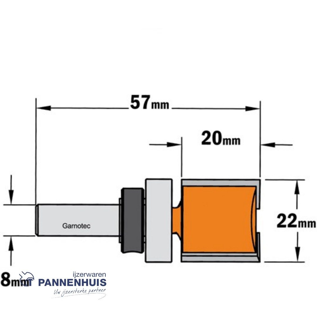 CMT Groeffrees met kogellager, HW D=22 x 20mm L=57 S=8 Z2 - Afbeelding 2