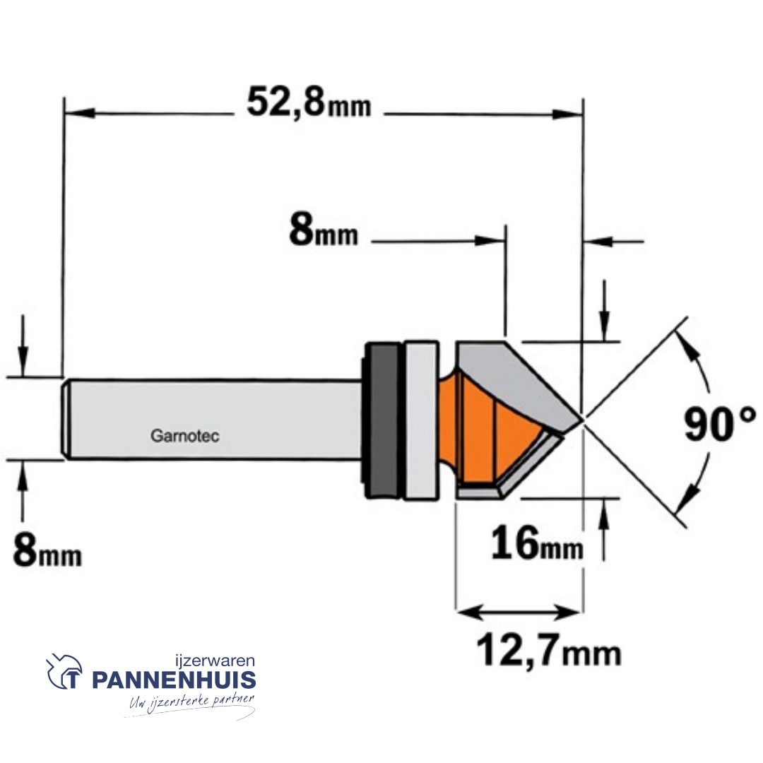 CMT V-groef frees 90° met kogellager HW D=16 x 12.7mm 90° L=52,8 S=8 Z2 - Afbeelding 2