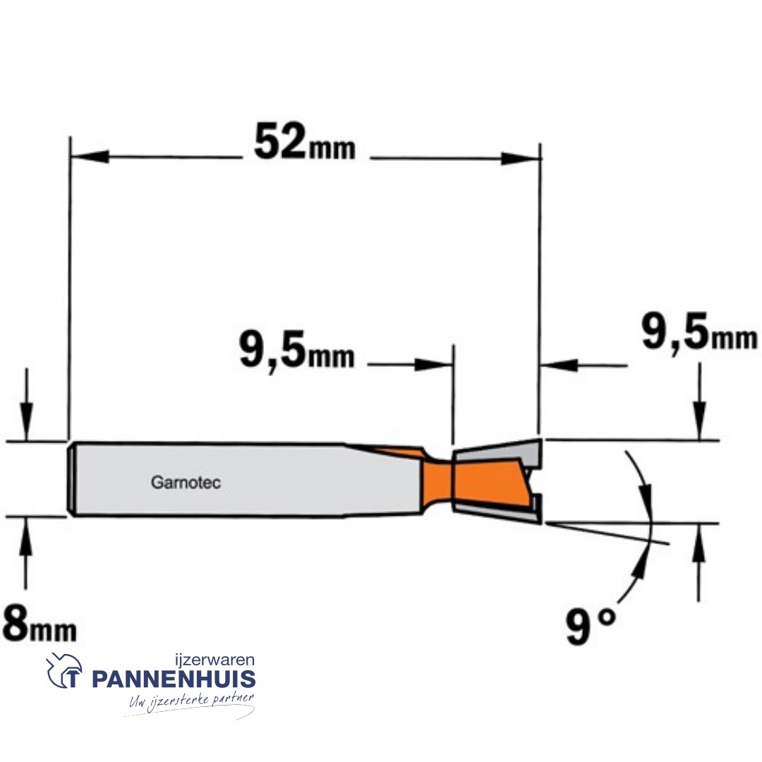 CMT Zwaluwstaartfrees HWM D= 9,5 x 9.5mm 9° L=52 S=8 Z2 - Afbeelding 2