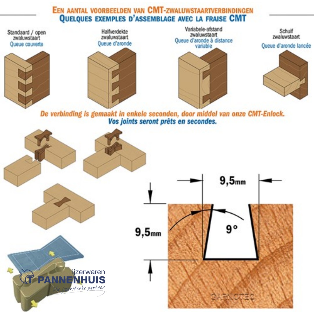 CMT Zwaluwstaartfrees HWM D= 9,5 x 9.5mm 9° L=52 S=8 Z2 - Afbeelding 3