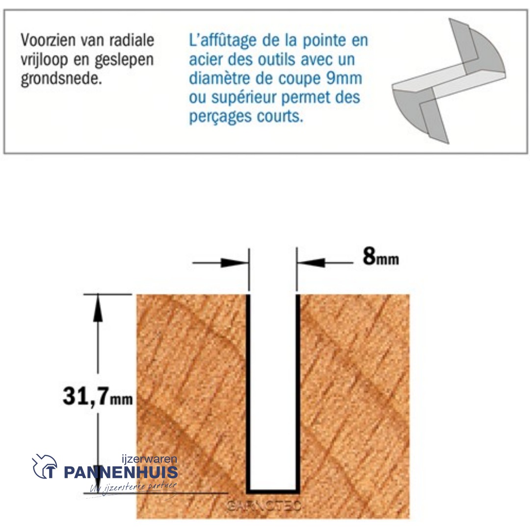CMT Groeffrees met rechte snijkoppen, HWM D=8 x 31,7mm L=75 S=12 Z2 - Afbeelding 3