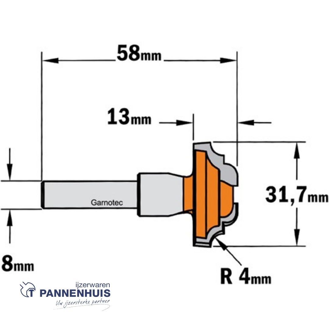 CMT Profielfrees, HW D=31,7 x 13mm R=4 L=58 S=8 Z2 - Afbeelding 2
