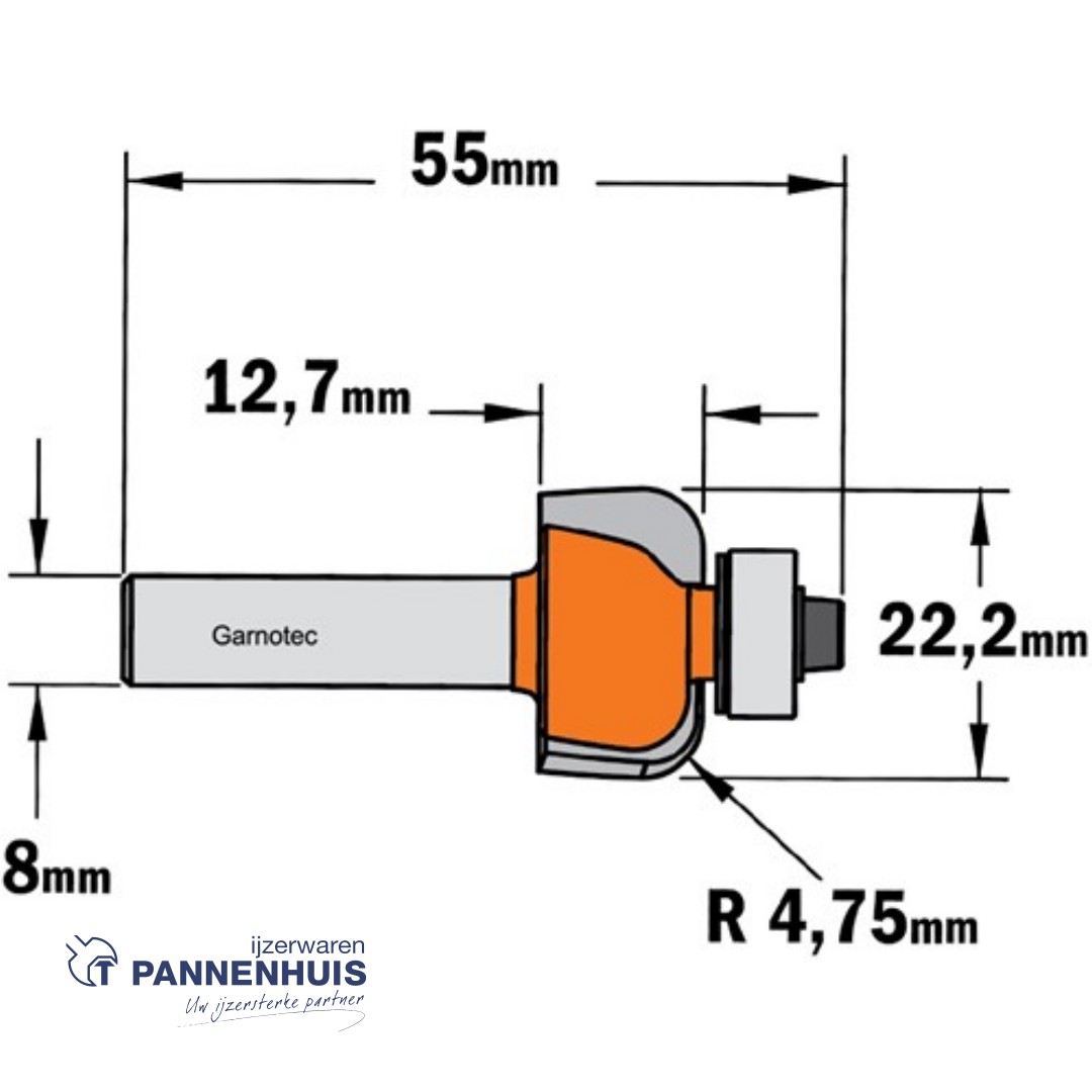 CMT Bolle radiusfrees met kogellager HW D=22,2 x 12.7mm R=4,75 L=55 S=8 Z2 - Afbeelding 2