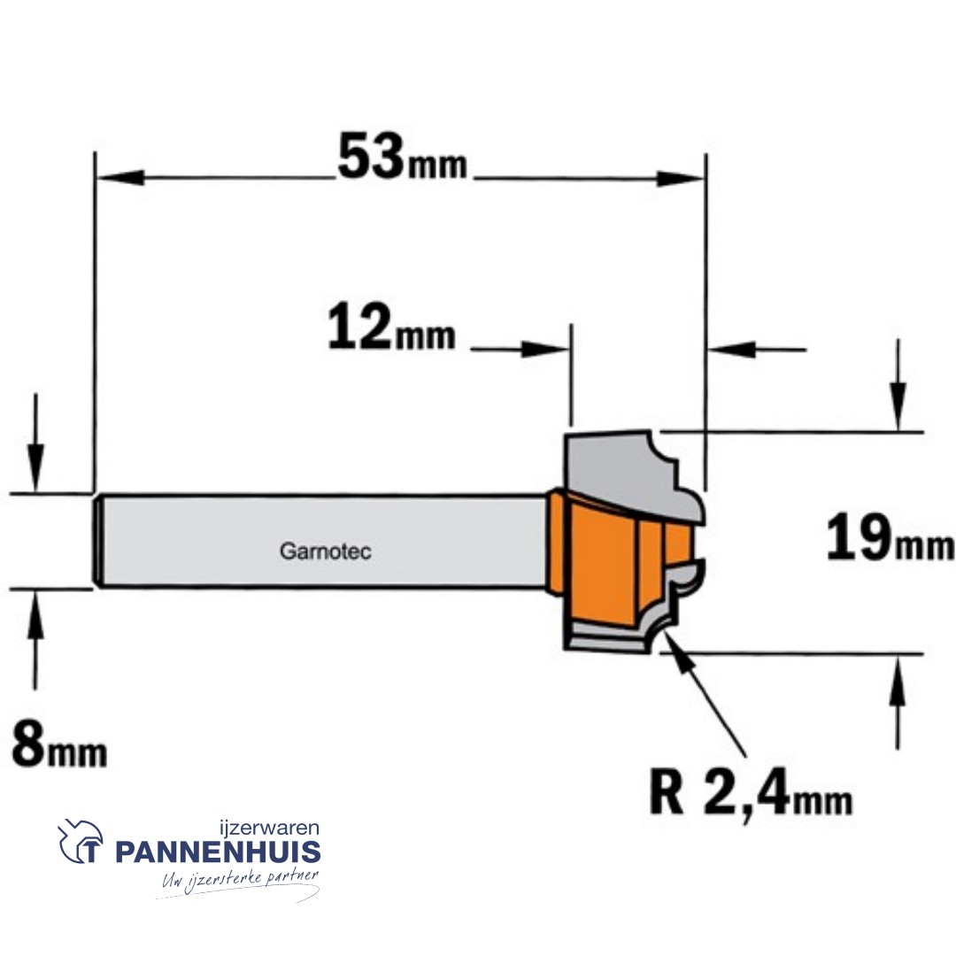 CMT Profielfrees, HW D=19 x 12mm R=2,4 L=53 S=8 Z2 - Afbeelding 2