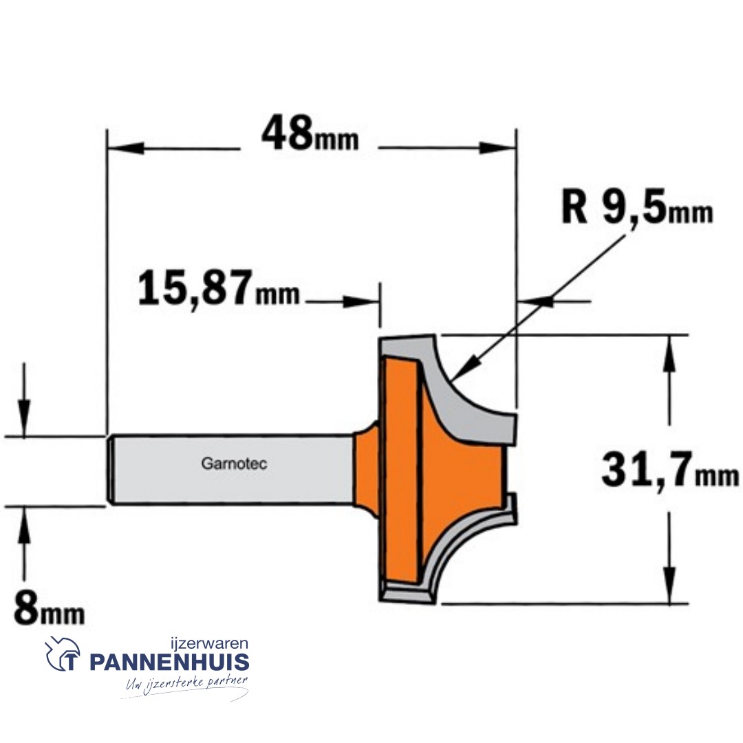 CMT Holle radiusfrees, HW D=31,7 x 15,87mm R=9,5 L=48 S=8 Z2 - Afbeelding 2