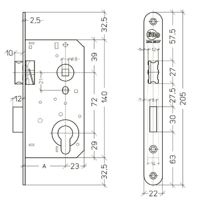 Litto cilinderslot A265621 50 mm as 72 mm afgerond gelakt L/R - Afbeelding 2
