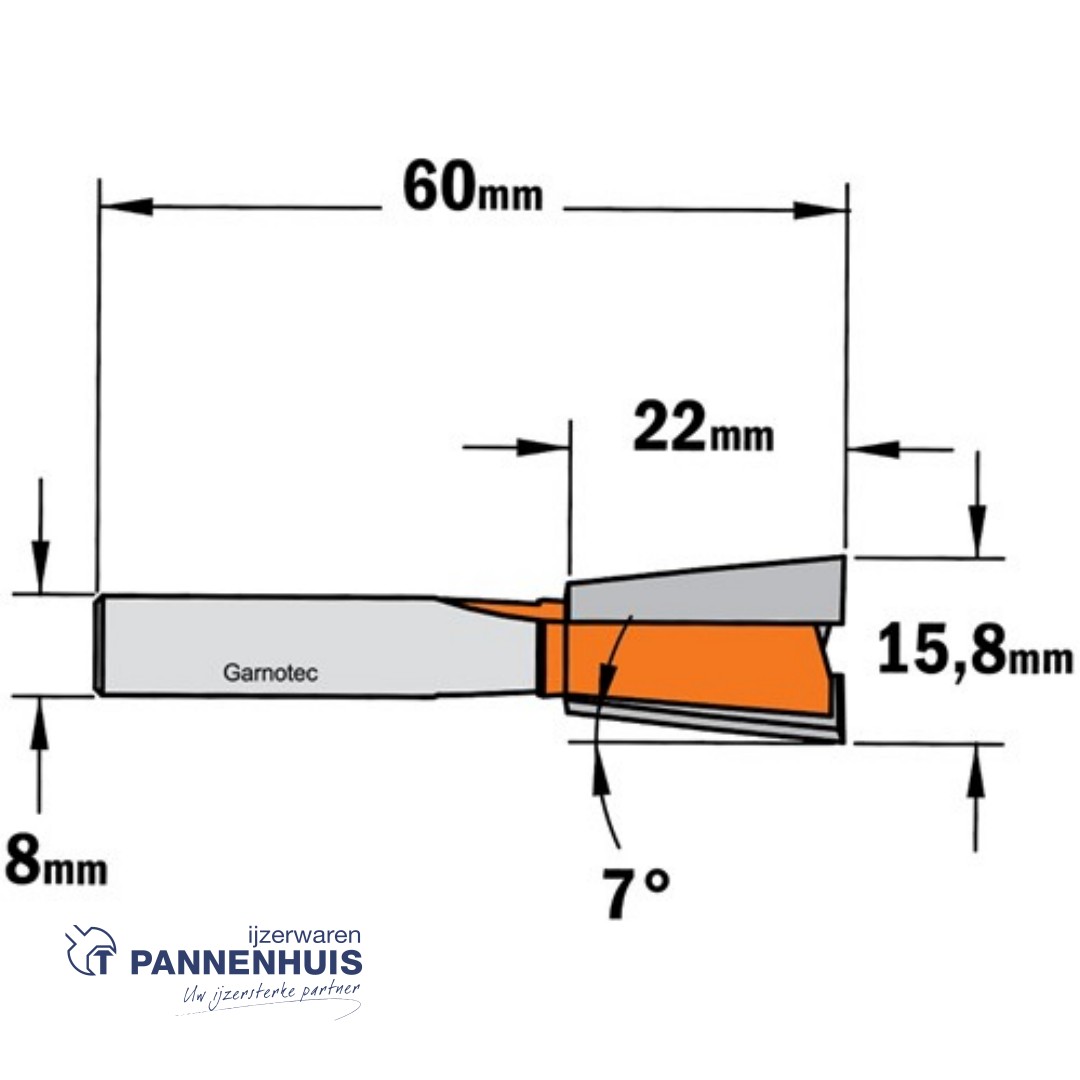 CMT Zwaluwstaartfrees HW D=15,8 x 22mm 7° L=60 S=8 Z2 - Afbeelding 2