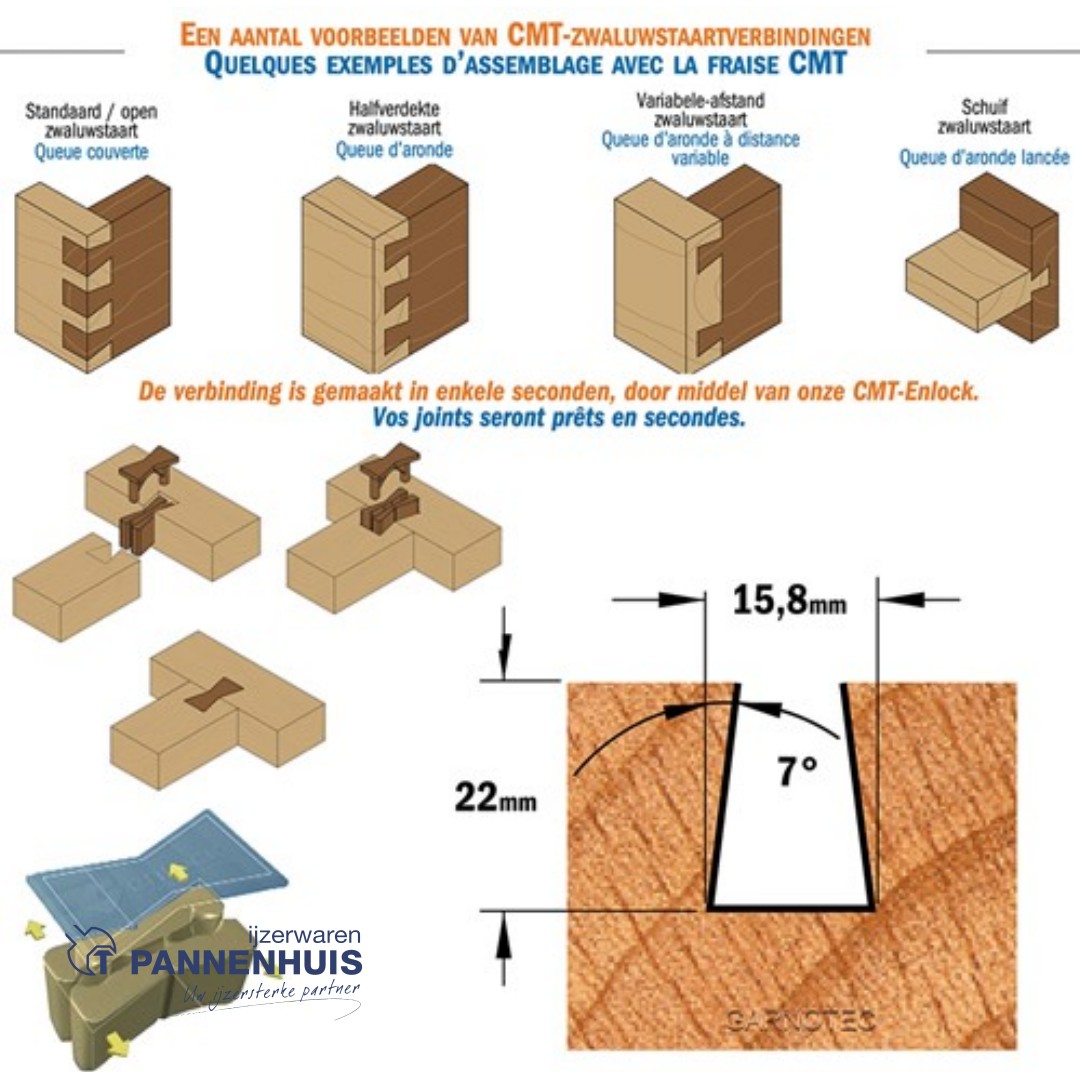 CMT Zwaluwstaartfrees HW D=15,8 x 22mm 7° L=60 S=8 Z2 - Afbeelding 3