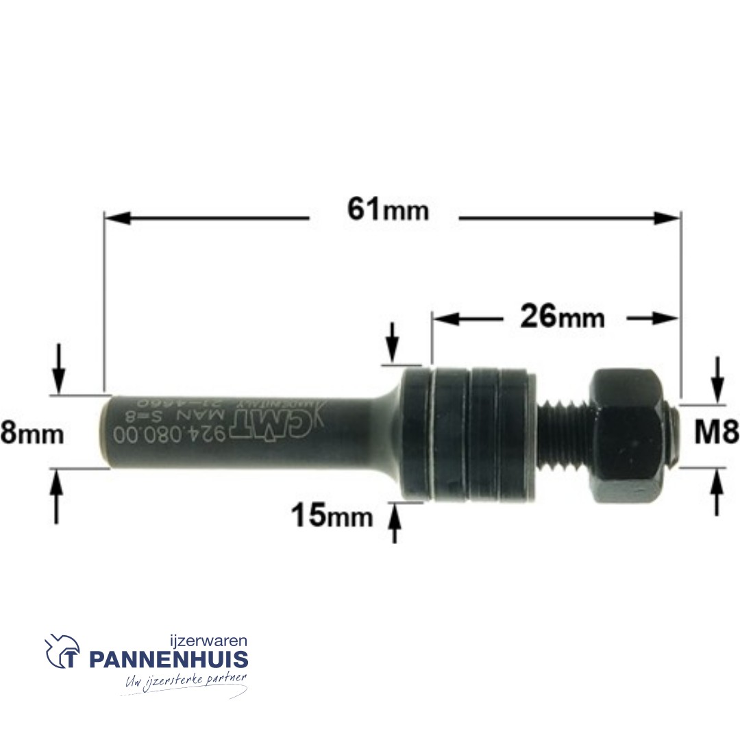 CMT Spindel zonder kogellager D=M8 x 26mm L=61 S=8 - Afbeelding 2