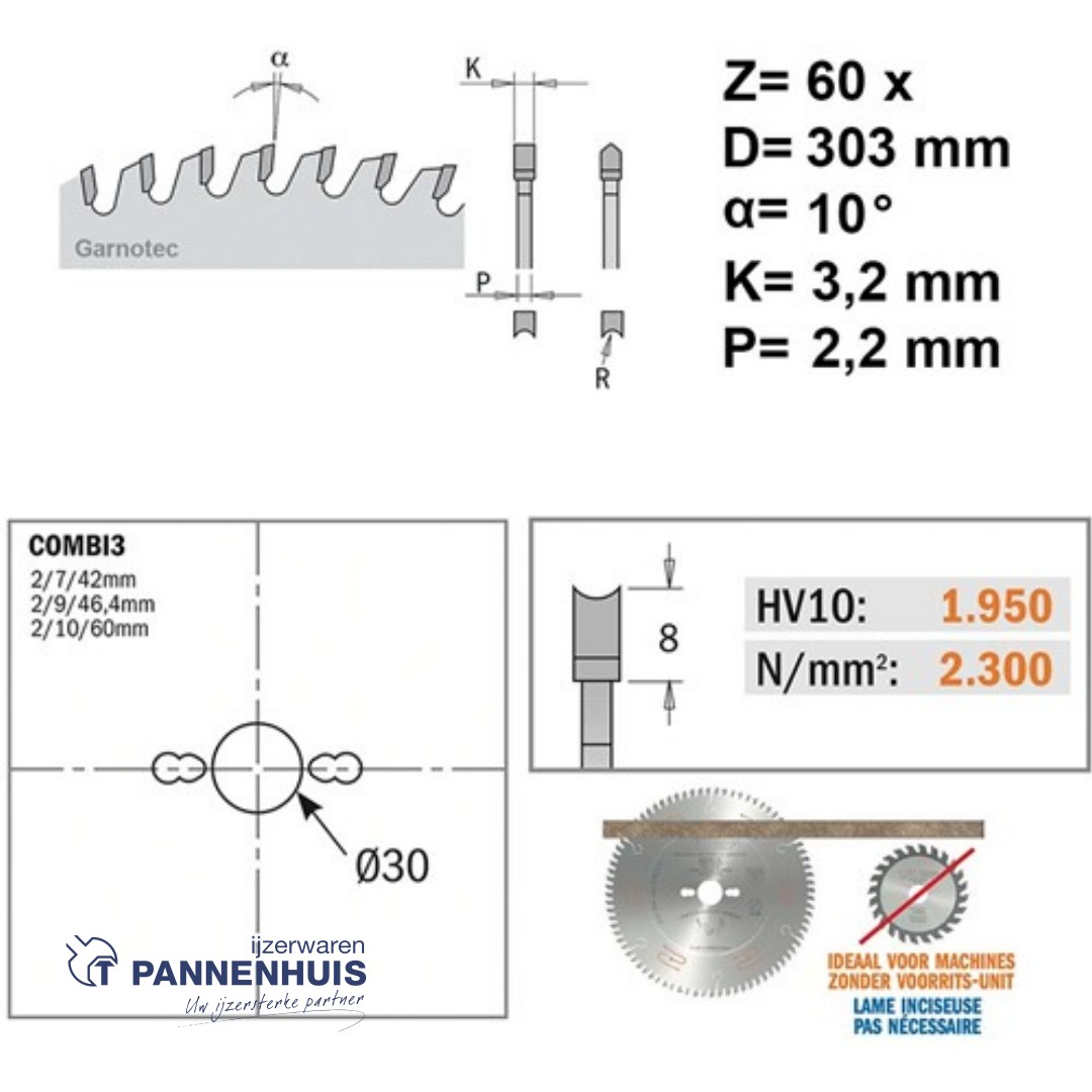 CMT Platencirkelzaag HW 303x30x3,2 Z60 Plaatmateriaal tweezijdig afgewerkt - Afbeelding 2