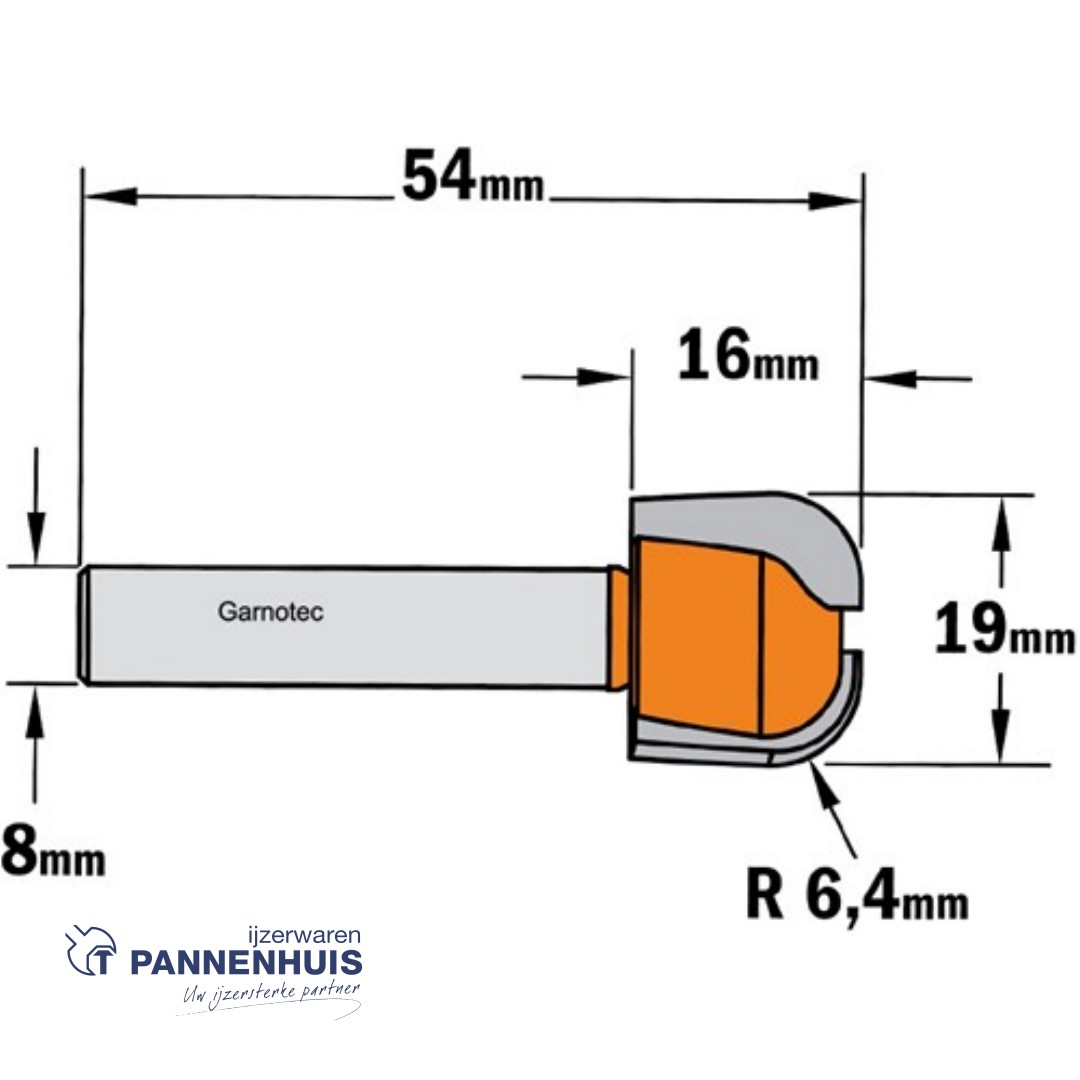 CMT Houten vaatwerk frees HW D=19x16mm R=6,4 L=54 S=8 Z2 - Afbeelding 2